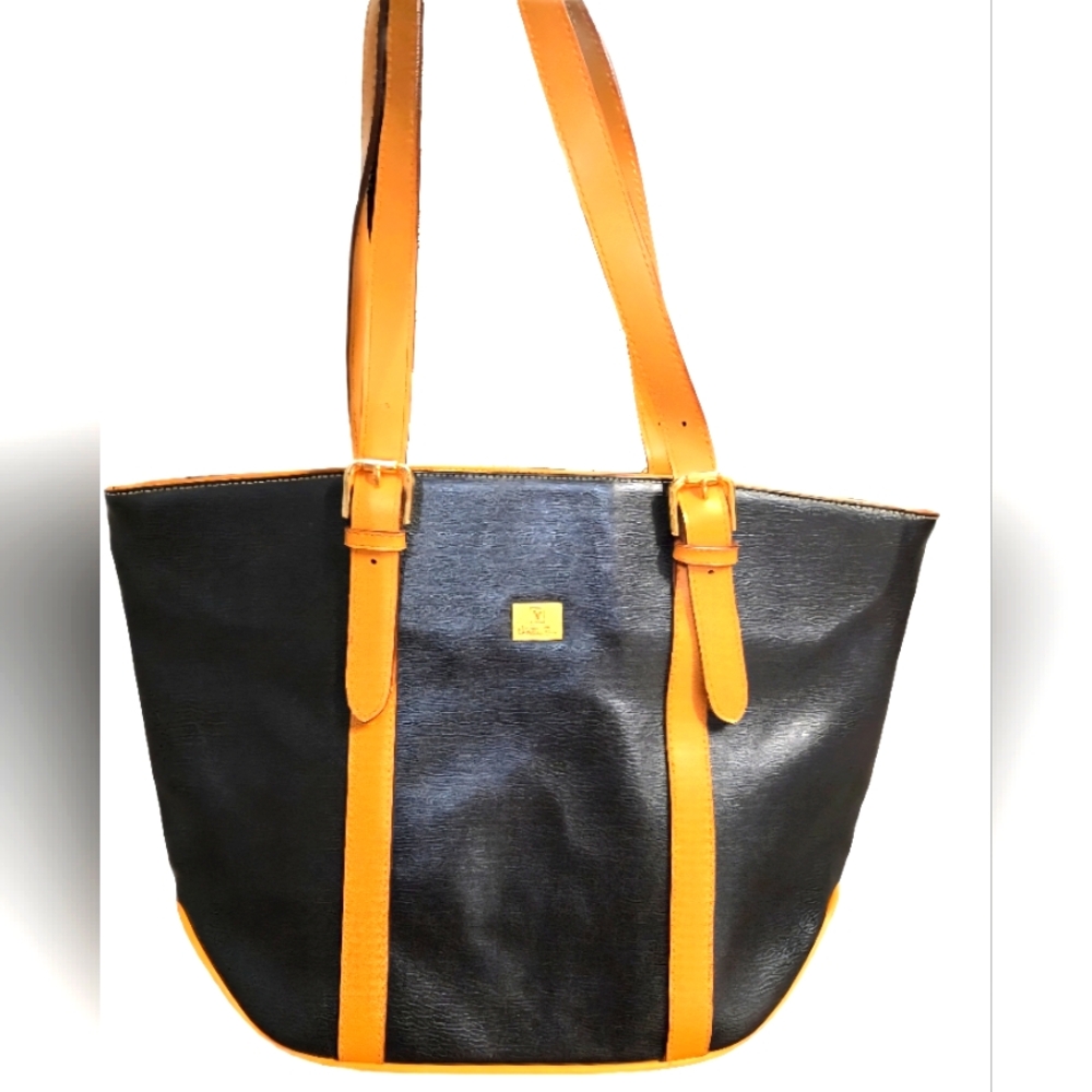 Valentino Rudy Black and Tan Leather Tote with Adjustable Straps